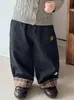 Pantalones de Pierna Ancha de Mezclilla con Forro de Felpa a Cuadros Volantes Estilo Coreano para Niños Pequeños Ropa de Abrigo Gruesa Cálida Retro Pantalones Largos