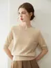 Jersey de cachemira 100% suave y amigable con la piel, camisa de punto de cachemira con mangas cortas, cuello redondo simple, mangas tres cuartos y adecuada como capa base