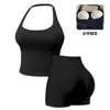 Conjunto de camiseta sin mangas para mujer y shorts de Pilates, top halter de espalda bonita para yoga y fitness con almohadilla en el pecho, sujetador deportivo para correr