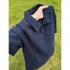 Polo azul escuro com lapela estilo americano manga curta masculina verão padrão escama de peixe respirável camiseta ombro normal peso pesado marca moderna manga curta