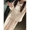 Conjunto de Pijama Feminino Delicado com Bolinhas e Lapela para Mulheres, Outono Plus Size Cardigan Calça Solto Roupa de Casa Pode Ser Usado ao Ar Livre