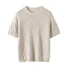 Top de malha xadrez com fio slub de três cabos, detalhes em folha de ouro, gola redonda, mangas curtas, fresco, respirável, com enfeites de lantejoulas, corte justo
