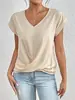 Camiseta casual de estilo transfronterizo para mujer, con cuello en V, diseño retorcido, manga corta con hombros enrollados, color liso, dobladillo suelto y diseño cruzado.