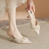 Estilo francês strass laço pontiagudo stiletto salto alto sapatos de camada única mulher boca rasa não cansado pés verão novo estilo costas sandálias vazias mulheres