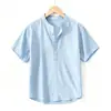 Camisa de Lino de Manga Corta para Hombre Nueva de Verano 2026, Holgada Casual con Cuello Mao, Top Transpirable de Color Sólido Algodón-Lino