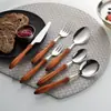 Cuchillo, Tenedor y Cuchara de Acero Inoxidable 304 con Mango de Madera, Set de Vajilla de Madera de Ala de Pollo Japonés, Cuchillo y Tenedor de Acero para Filete Occidentales, Cuchara de Postre de Madera Maciza