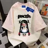 Camiseta de algodón puro de peso pesado, diseño de caricatura único y divertido, corte holgado, patchwork, cuello redondo, estampado de estrellas, manga corta, top de verano para hombre y mujer, estilo para parejas
