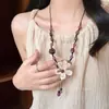 Colar de Cerâmica Floral, Acessório Longo Vintage com Contas para Suéter, Acessório Clavicular Étnico Trançado Feito à Mão de Alta Qualidade