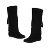 Botas de color liso transfronterizas de talla grande, botas de tubo alto versátiles para otoño e invierno para mujer, suela de goma, antideslizantes, botas de comercio exterior, botas slip-on de tacón plano con borlas