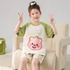 Pijama Feminino Infantil Desenho Animado Fino Manga Curta Algodão Puro Crianças Médias e Grandes Roupa Casual de Casa Verão Conjunto Pai e Filho