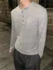 Camiseta de Manga Larga con Rayas Verticales Texturizadas y Cuello Henley Estilo Old Money para Hombres y Mujeres, Otoño Ligera Madura Corte Holgado Camiseta Base de Alta Gama Moderna