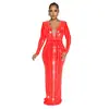 C6809 Moda Europeia e Americana Transfronteiriça Aliexpress Amazon Vestido Longo Feminino Cor Sólida Strass Manga Longa Fenda