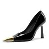 Tacones Altos de Charol Negro con Cabeza Metálica Nuevos de Otoño de Boca Baja Sexy Stiletto para Socialité Apariencia Delgada Zapatos de Salón Individuales para Mujer Yujie