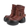 Botas Curtas da Moda Feitas de Couro Bovino de Primeira Camada para Mulheres, Novo Estilo Outono e Inverno, Botas Slouch de Salto Grosso Retro Feitas à Mão, Plataforma Impermeável de Couro Genuíno, de Salto Alto
