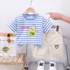 Conjunto de Verano para Niños Nueva Moda Bebé Verano Niño Pequeño Rayas Finas Bolsillo Dinosaurio Manga Corta Conjunto de Dos Piezas
