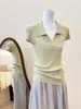 Top de punto estilo Old Money francés con cuello polo de manga corta para mujer, casual de verano, ajuste ceñido, adelgazante, con cuello camisero vuelto