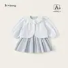 Bangxuan Ropa Infantil Primavera Cuadros Sin Mangas Falda Cuello de Encaje Cárdigan Conjunto de Dos Piezas Infantil Conjunto de Vestido para Bebé Niña