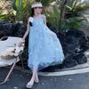 Vestido de Verão para Meninas Estilo Coreano Malha Florida Tridimensional Saia de Alça Crianças de Tamanho Médio e Grande 2025 Novo Vestido de Praia Saia Longa