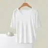 Nueva camiseta de punto acanalado de cuello redondo y manga tres cuartos para mujer, color liso de verano, fina, corte ajustado, camiseta básica versátil para usar debajo de otras prendas