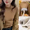 Camiseta de Manga Longa Grossa com Gola Alta Meia-Calça Forrada de Lã para o Inverno Quente Camisa de Camada Interna Feminina Top Simples Versátil de Alta Qualidade