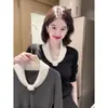 Chegou! Suéter feminino estiloso e versátil para outono e inverno, suéter de malha com mangas compridas e gola redonda, efeito emagrecedor