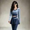 Conjunto Deportivo Casual de Yoga para Mujer Falso Dos Piezas Cuello Redondo Manga Larga Shorts de Cintura Alta Secado Rápido Transpirable Entrenamiento de Fitness Versátil