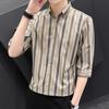 Camisa de Manga Tres Cuartos para Hombre de Manga Corta Casual Ajustada Verano Delgada Camisa de Media Manga Rayada Moderna y Guapa Camisa de Manga Media