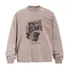 Camiseta de manga comprida com estampa de personagem criativa e efeito desgastado para homens, primavera e outono, corte solto, estilo de rua americano, top de gola redonda estilo ins