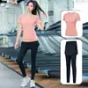 Venda direta da fábrica conjunto de yoga camiseta esportiva de manga curta e calça comprida para mulheres, verão respirável secagem rápida para fitness corrida treinamento