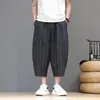 Calças harém de perna reta para homens plus size, calças cropped de verão, tamanho grande, listradas, largas, novo estilo chinês, shorts finos casuais para uso externo