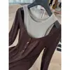 DestacadoRanzan 26 Principios de Otoño Estilo Nuevo Tencel Lana Cuello Henley Falso Dos Piezas Botones Cosidos a Mano Camiseta de Manga Larga
