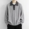 Suéter tipo polo de punto trenzado retro americano para hombre, un look de dos piezas, para otoño e invierno, corte ajustado, top de punto casual