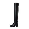 Botas femininas longas de bico fino para outono e inverno, de cor sólida, sola de borracha, versáteis, leves, salto ultra alto, botas acima do joelho, tamanho grande, botas femininas de salto quadrado
