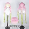 Peruca Cosplay Kokou Demon Slayer Kanroji Mitsuri Trança de Três Tiras Peruca Cosplay Gradiente Rosa-Verde Cornrow