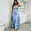 Verão 2026 Mais Vendido Azul Claro Moda Feminina Europeia e Americana Transfronteiriça Alça Franzida Vestido Longo de Férias Elegante