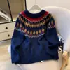 Suéter Fair Isle cinza estilo coreano para mulheres, design de outono e inverno de Natal, top de malha com visual casual e estiloso, tamanho único