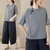 2026 Nuevo Versátil Nuevo Estilo Chino Cuello Diagonal Botones Top de Algodón y Pantalones Acampanados Cortos Conjunto para Mujer