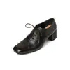 Sapatos de salto grosso de couro bovino de primeira camada para mulheres, sapatos de salto médio para mulheres, outono, couro genuíno, bico redondo, com cadarço, sapatos para mãe, sapatos de abertura profunda para mulheres, tamanho 40