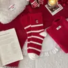 Meias de Lã Australiana Vermelhas para Mulheres, Engrossadas para Outono e Inverno, Meias Listradas Estilo Coreano para Ano Novo, Meias de Chão Vermelhas Vibrantes com Desenhos para Dormir