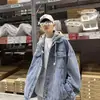 Chaqueta de Mezclilla para Hombre Otoño e Invierno Falsa de Dos Piezas Casual Estudiante Marca de Moda Atractivo con Capucha Holgada Ropa de Mezclilla