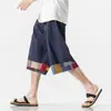 Shorts Masculino de Verão Novos Estampados Color Block Três Quartos Estilo Chinês Casual Jovem Retro Soltos de Algodão e Linho Calças Retas