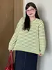 Suéter Feminino Plus Size Gola Redonda Emagrecedor Listrado Color Block Estilo Outono 2026 Tricô Solto Casual para Mulheres 23675