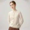 26 Cachemira Pura Suelta para Mujer Cuello Redondo Prendas Exteriores Otoño Invierno Nuevo Estilo Suéter Abotonado Cárdigan Corto de Punto Chaqueta Top