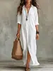 Camisa Feminina Longa Cor Sólida Meio Aberta Gola Lapela Estilo Preguiçoso Casual Botão Primavera Verão Outono Boêmia