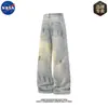 Jeans de Marca Nasa Estilo Retro Americano con Manchas y Arañazos de Gato para Hombre, Pantalones de Pierna Recta Sueltos Acampanados para Todas las Estaciones