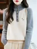 Suéter de Punto de Moda Versátil para Mujer Otoño e Invierno Cuello Semi Alto Costilla Gruesa Bordado de Caballo Bloques de Color Holgado Moda