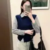 Suéter de punto para mujer estilo coreano de dos piezas falsas, diseño simple inspirado en la dopamina, nuevo top de punto abotonado con dobladillo a rayas de patchwork