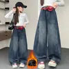 Jeans de Invierno para Niñas con Forro de Felpa, Pantalones Anchos de Patchwork para Niños Grandes, Jeans tipo 'Dad' Amplios, Pantalones Largos de Primavera y Otoño, Modernos