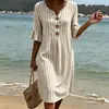 2026 Nuevo Vestido Largo Rayado de Cuello en V con Volantes y Botones Transfronterizo Moda Casual para el Trabajo Falda Larga Estilo Verano para Mujeres