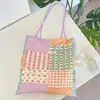 64253 Bolsa Tote Patchwork Floral Pastoral com Costura Xadrez Contrastante, Estilo Coreano, Bolsa de Ombro de Grande Capacidade para o Trabalho e Aula